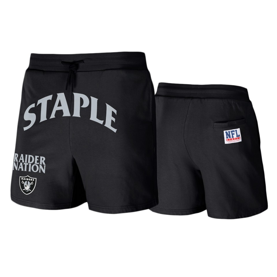 raiders black staple throwback vintage wash fleece shorts