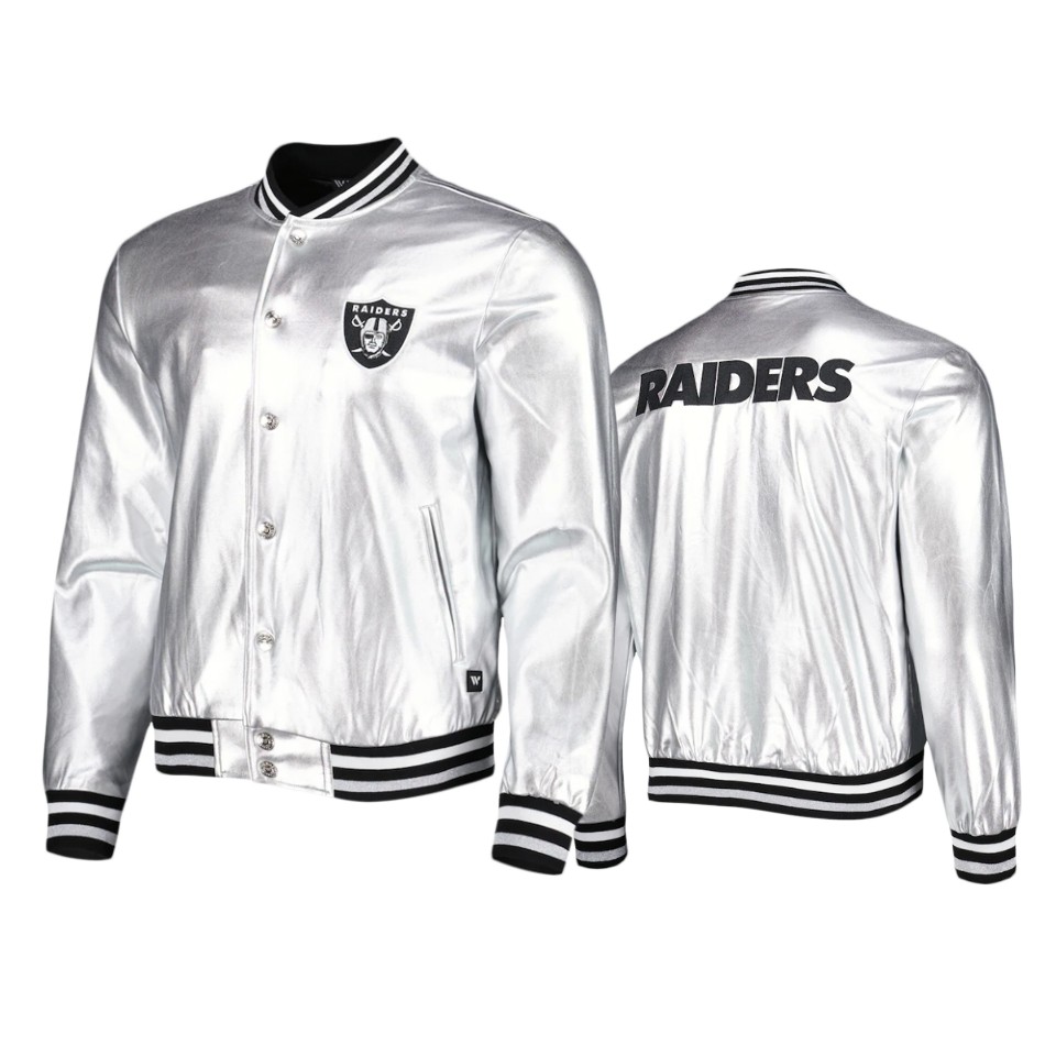 raiders silver metallic bomber jacket