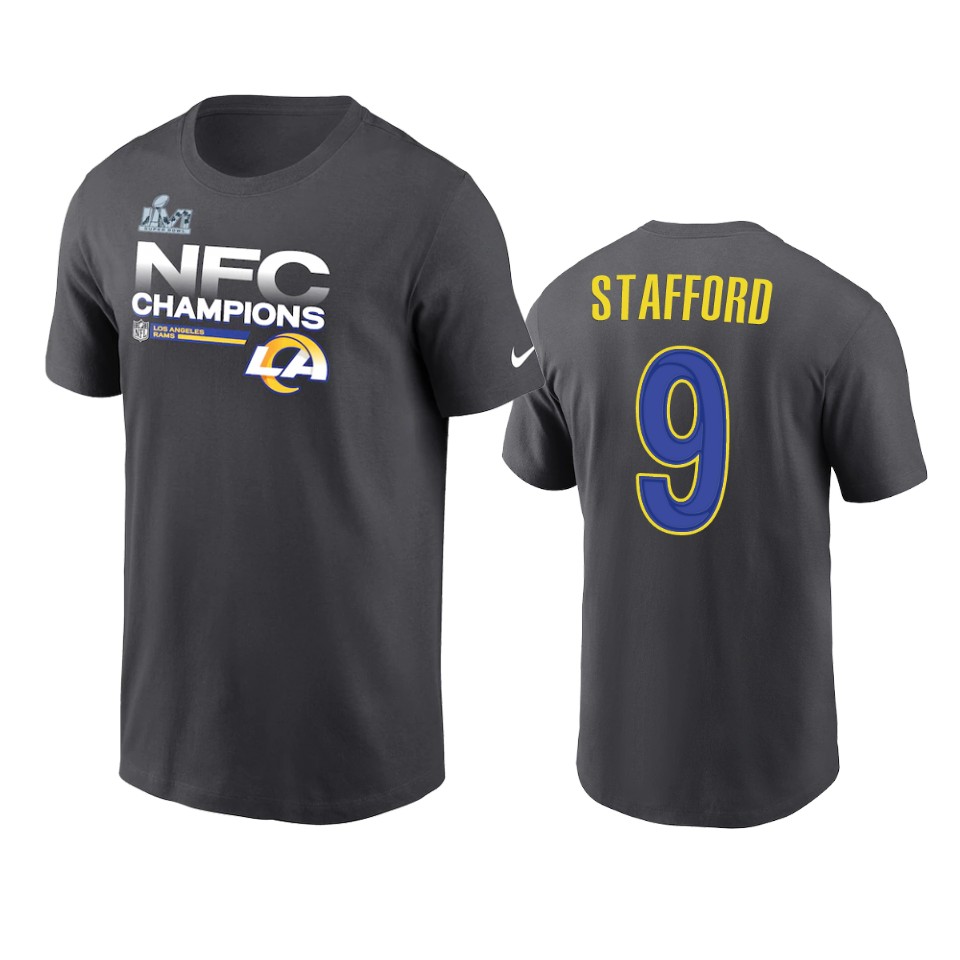 rams matthew stafford anthracite 2021 nfc champions locker room trophy t shirt