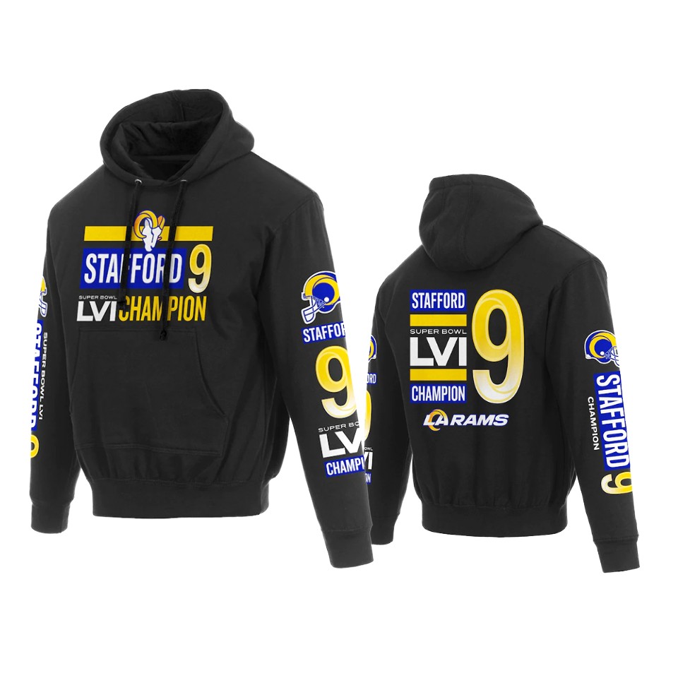 rams matthew stafford black super bowl lvi champions pullover hoodie