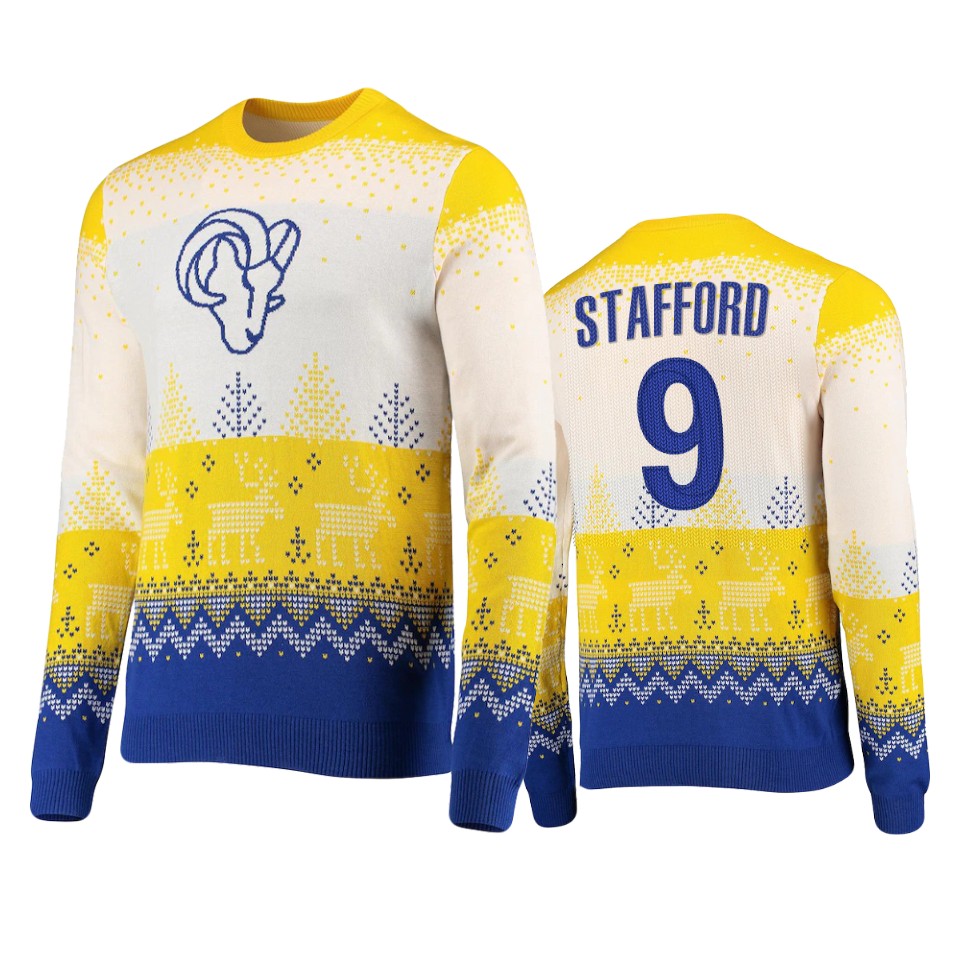 rams matthew stafford white 2021 christmas gift big logo sweater