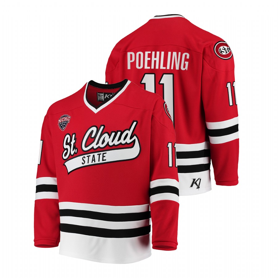 st. cloud state huskies ryan poehling red college hockey away jersey