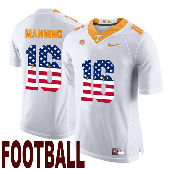 tennessee volunteers white 16 peyton manning usa flag college football fashion jersey