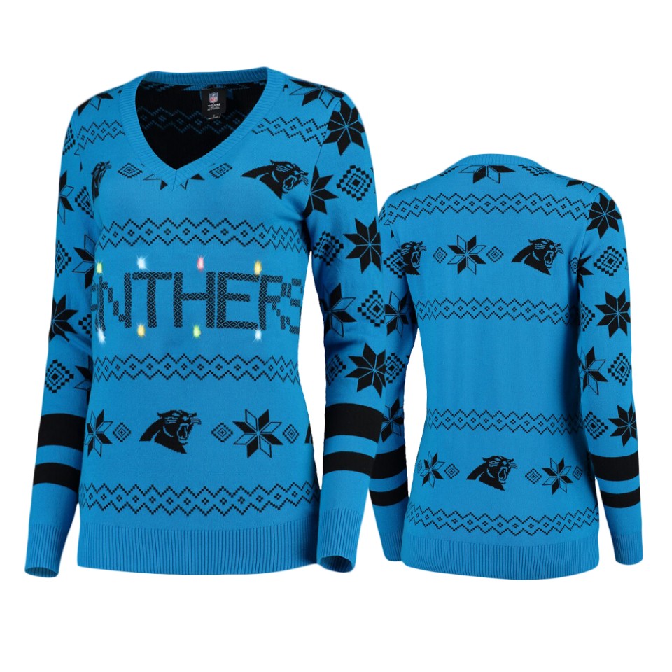 women's panthers blue 2019 ugly christmas light up sweater