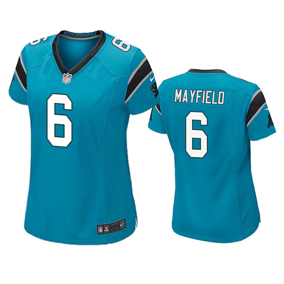 women baker mayfield panthers game blue jersey