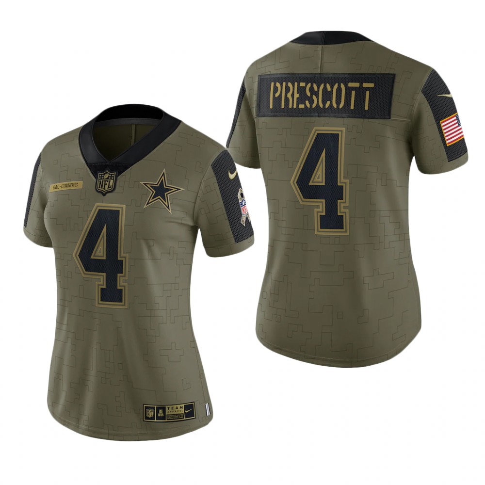women cowboys dak prescott olive limited 2021 salute to service jersey