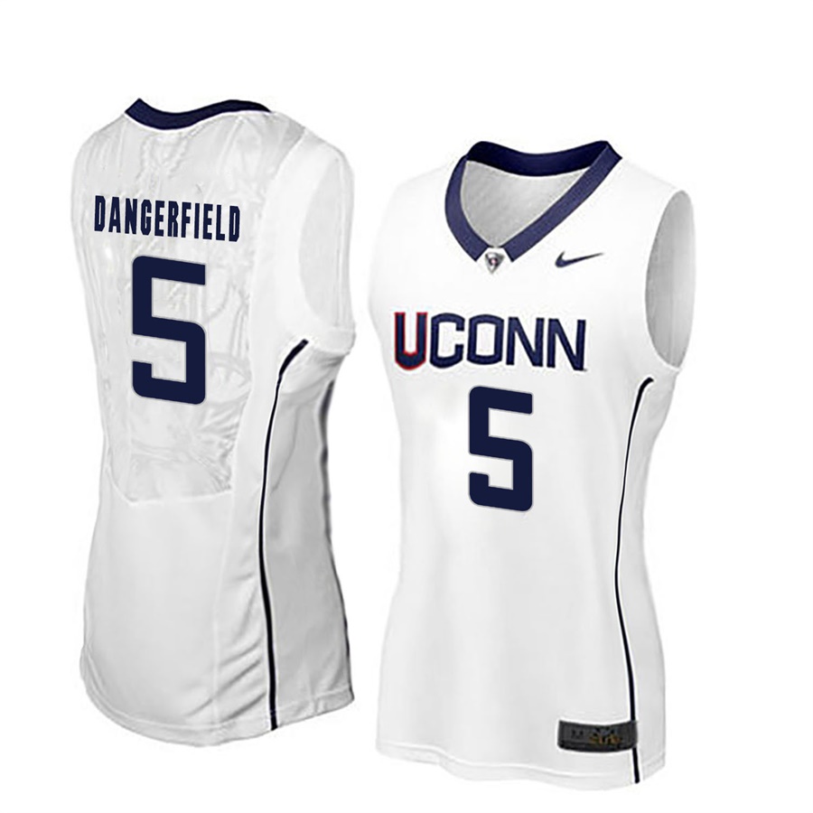 women uconn huskies white 5 crystal dangerfield ncaa basketball player name and number jersey