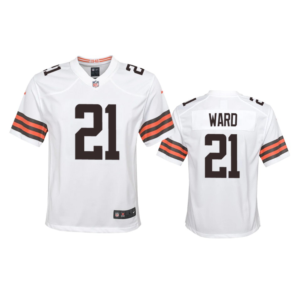 youth browns denzel ward white 2020 game jersey