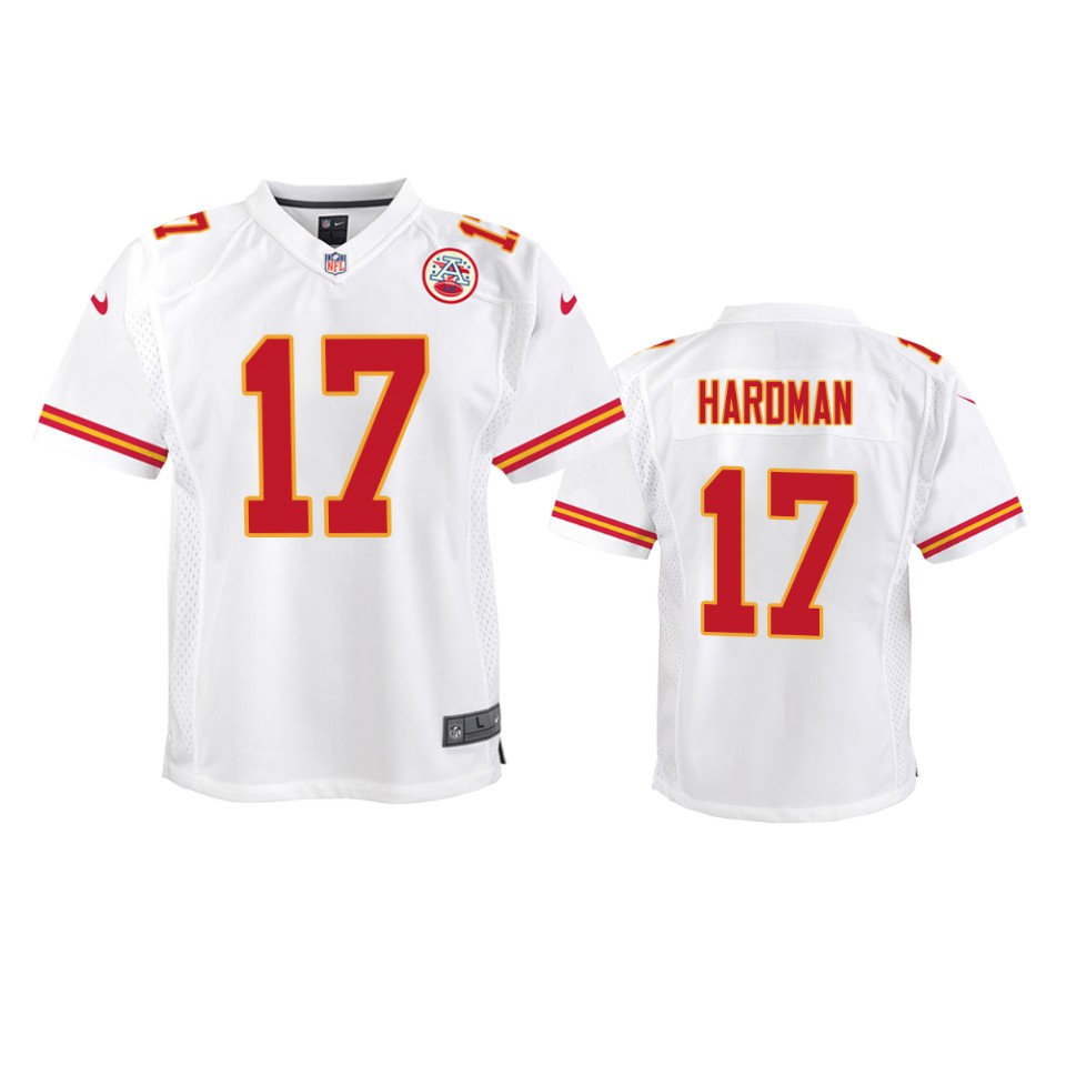 youth chiefs mecole hardman white game jersey