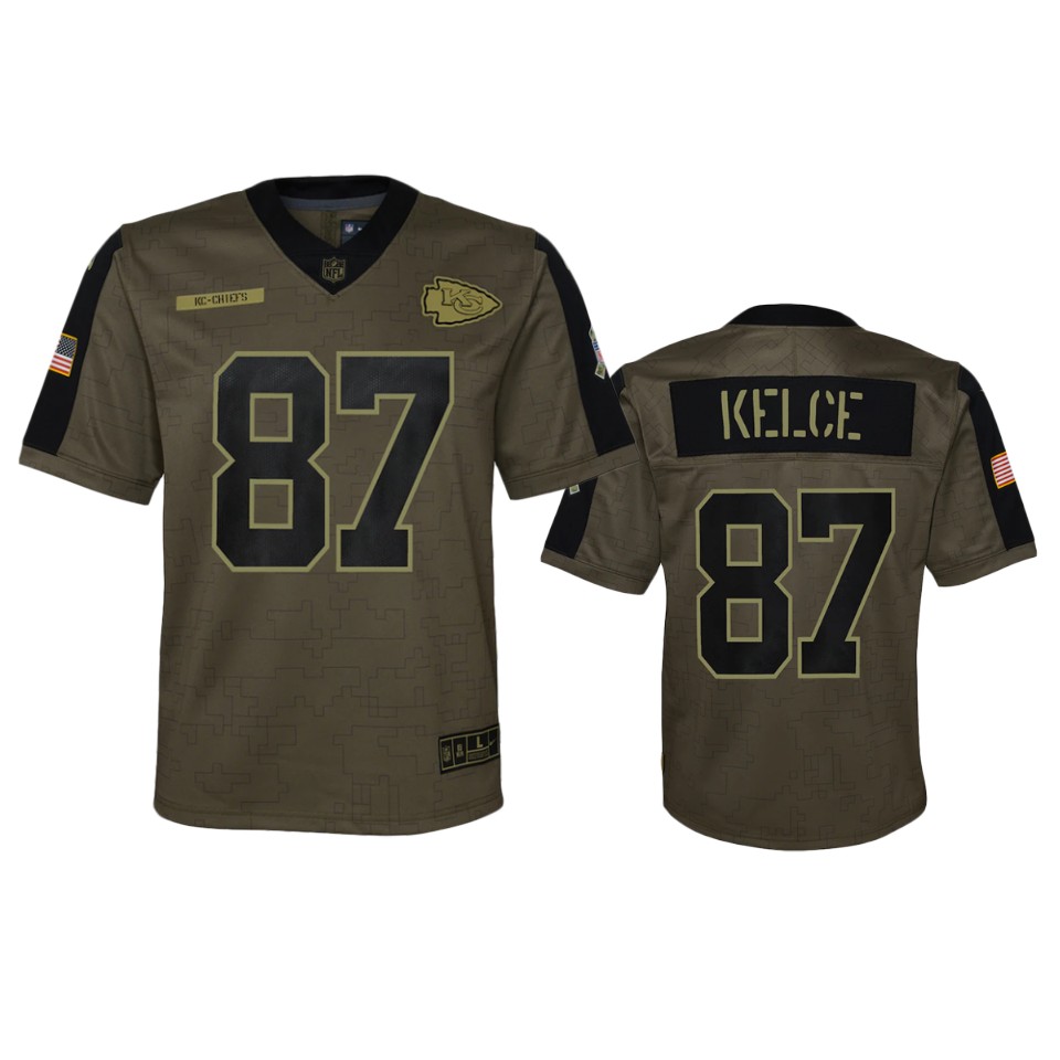 youth chiefs travis kelce olive game 2021 salute to service jersey