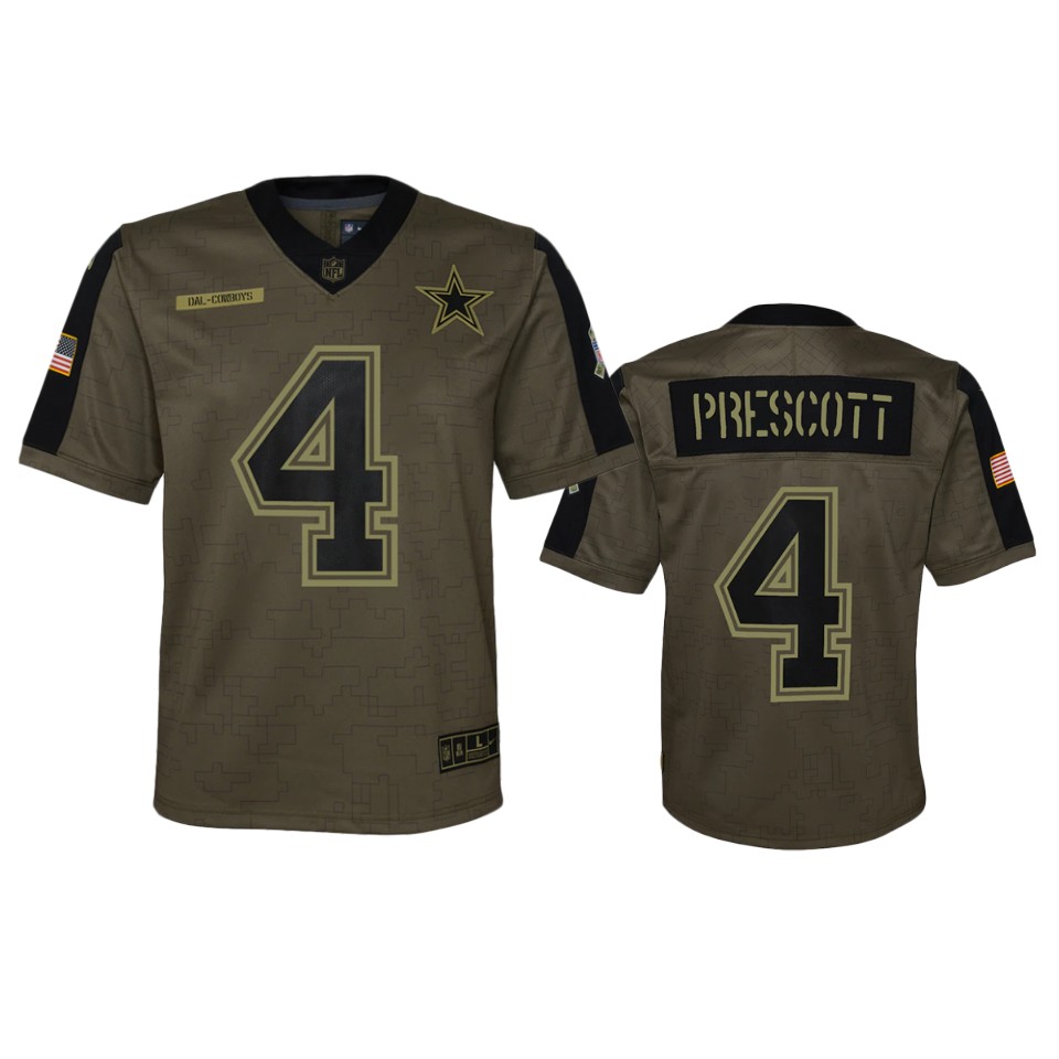 youth cowboys dak prescott olive game 2021 salute to service jersey
