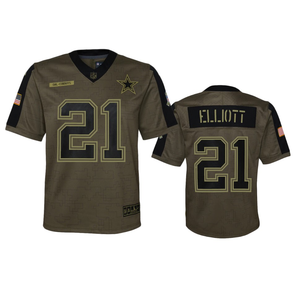 youth cowboys ezekiel elliott olive game 2021 salute to service jersey