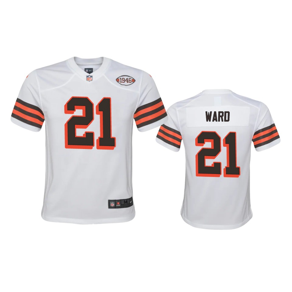 youth denzel ward browns white 1946 collection alternate game jersey