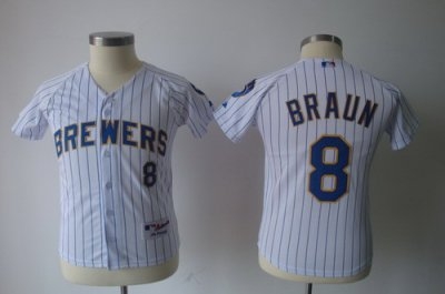 youth kids milwaukee brewers 8# ryan braun white strip jerseys