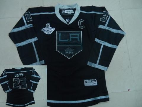 youth los angeles kings 23 brown jersey premier black champions patch 2012