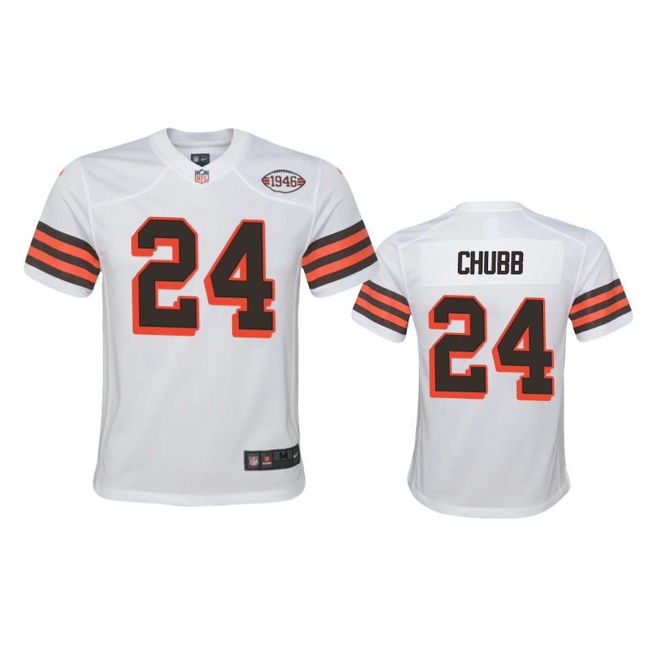 youth nick chubb browns white 1946 collection alternate game jersey