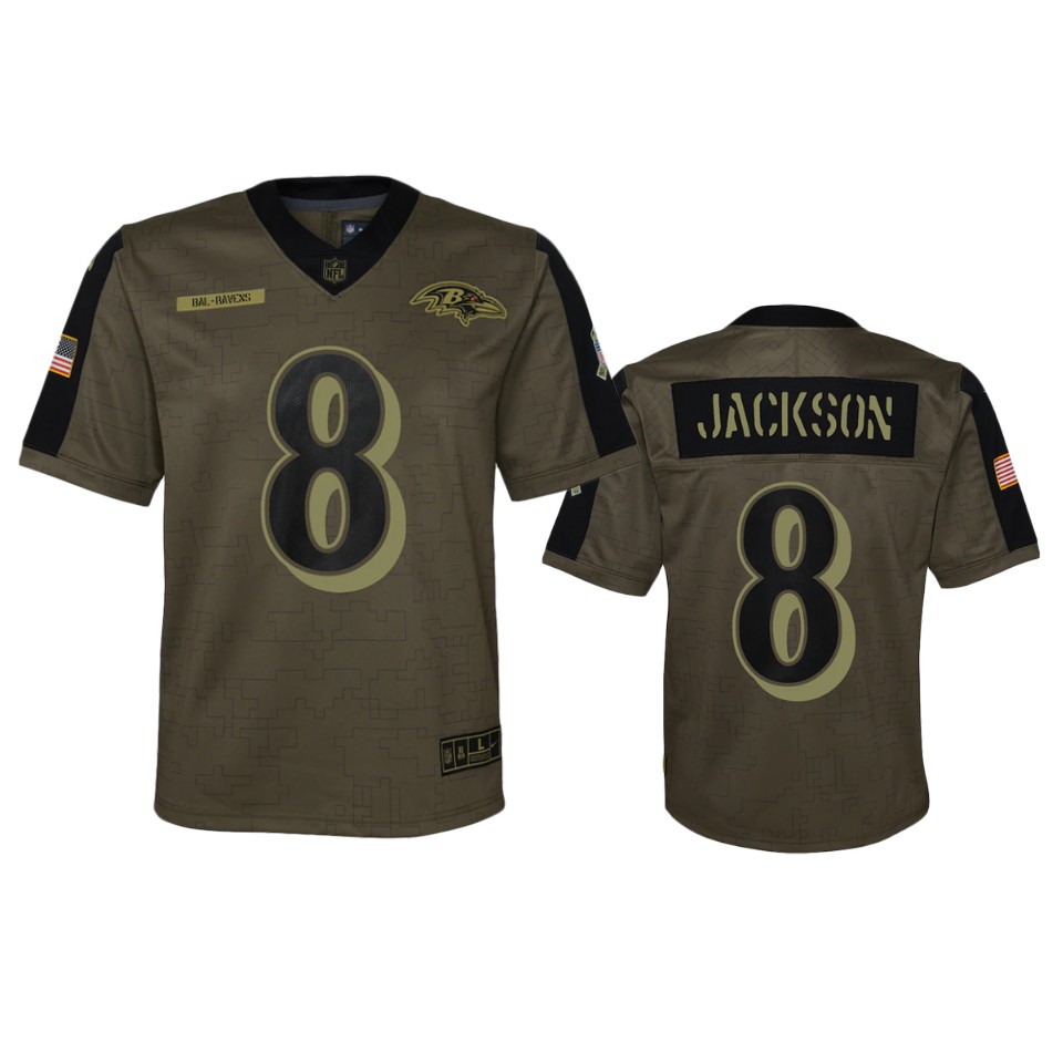 youth ravens lamar jackson olive game 2021 salute to service jersey