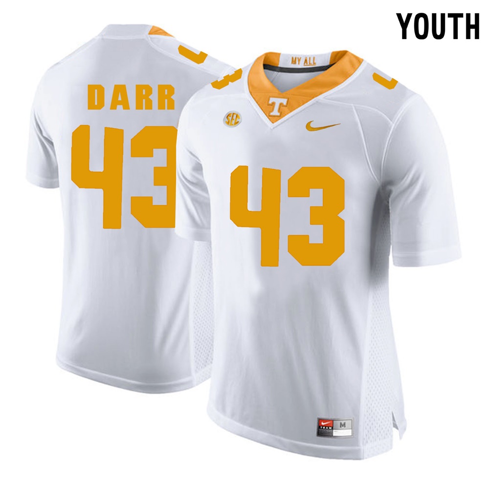 youth tennessee volunteers white matt darr college football jersey